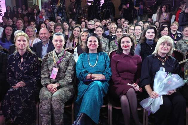 Deputy Chairperson of the Verkhovna Rada of Ukraine and co-founder of the Ukrainian Women’s Congress Olena Kondratiuk (L), Ambassador of the European Union to Ukraine Katarina Mathernova, Deputy Minister for Foreign Affairs of Ukraine Mariana Betsa, and Oksana Tsybukh, mother of journalist, paramedic of the Hospitallers medical battalion, and Hero of Ukraine Iryna Tsybukh (C, L to R), attend the Ukrainian Women’s Congress 2025, held this year under the slogan The Courage to Be Yourself, Kyiv, Ukraine, on October 23, 2025 (Photo by Yuliia Ovsiannikova Ukrinform) Ukrainian Women’s Congress 2025 held in Kyiv  Copyright: xYuliiaxOvsiannikovax