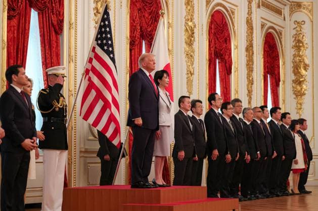 U.S. President Donald Trump attends a bilateral summit with Japanese Prime Minister Sanae Takaichi at the State Guest House in Tokyo, on Tuesday, October 28, 2025. Photo via Prime Minister s Office of Japan  WAX2025102815 PRIMExMINISTER SxOFFICExOFxJAPAN