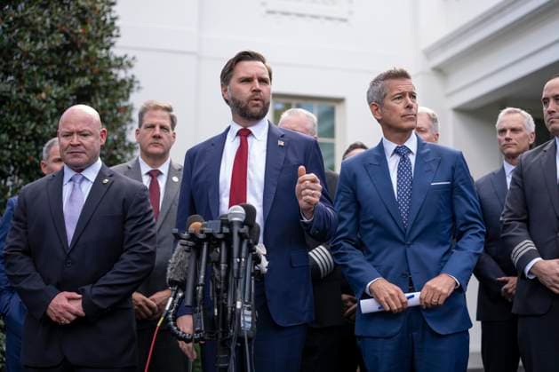 Vice President JD Vance gives remarks during a press conference with transportation and airline executives outside the West Wing of the White House in Washington, DC on Thursday, October 30, 2025. The Trump Administration is warning that as the government shutdown, now in its 30th day, drags on, it will have a worsening effect on airline travel delays.  WASP20251030115 AaronxSchwartz