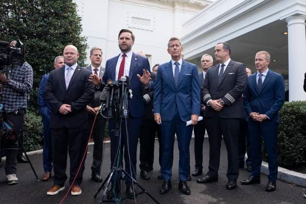 Vice President JD Vance gives remarks during a press conference with transportation and airline executives outside the West Wing of the White House in Washington, DC on Thursday, October 30, 2025. The Trump Administration is warning that as the government shutdown, now in its 30th day, drags on, it will have a worsening effect on airline travel delays.  WASP20251030116 AaronxSchwartz