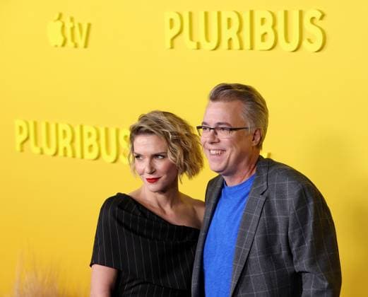 Rhea Seehorn and Vince Gilligan attend the world premiere of the Apple TV series Pluribus at the DGA Theater on Tuesday, November 4, 2025. Pluribus will make its global debut on Apple TV with its first two episodes on Friday, November 7, 2025, followed by new episodes every Friday through December 26. Storyline: The most miserable person on Earth must save the world from happiness.  LAP20251104822 GREGxGRUDT