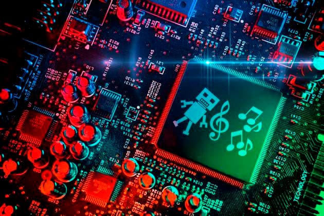 FOTOMONTAGE, Computerchip mit Roboterfigur, Noten und NotenschlÃ¼ssel, Symbolfoto fÃ¼r die Nutzung von Musik und Songtexten durch KÃ¼nstliche Intelligenz