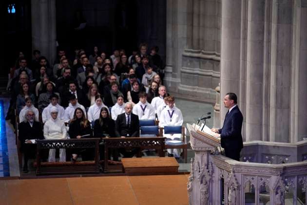 Jane Goodall funeral service - Washington Environmentalist Leonardo DiCaprio speaks at the funeral service for conservationist Jane Goodall at the National Cathedral in Washington on November 12, 2025. Photo by Yuri Gripas ABACAPRESS.COM Washington DC United States  Copyright: xGripasxYuri ABACAx