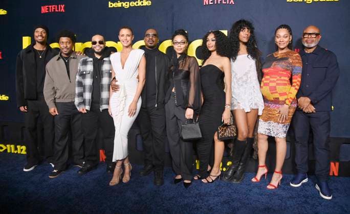 Myles Murphy, Christian Murphy, Eric Murphy, Paige Butcher, Eddie Murphy, Bella Murphy, Shayne Audra Murphy, Zola Murphy and Bria Murphy Xavier and guest (L-R) attend the premiere of Netflix s biographical documentary Being Eddie at the Tudum Theater Los Angeles on Wednesday, November 12, 2025. Storyline: Follows a comprehensive look at Eddie Murphy s life and career.  LAP2025111218 JIMxRUYMEN