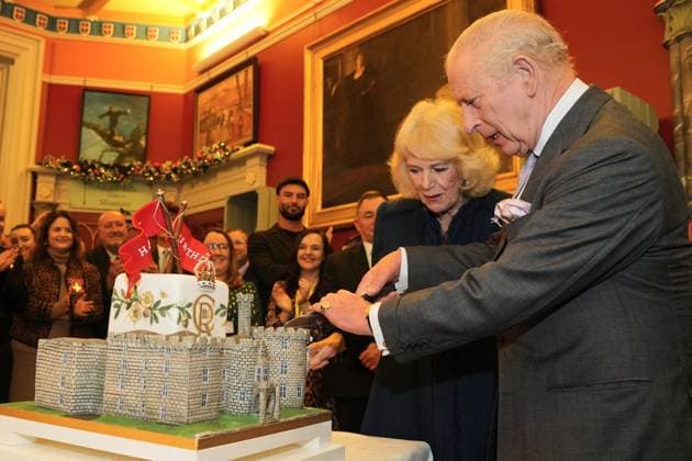King Charles III visits Wales Britain s King Charles III and Queen Camilla cut a cake in the shape of the castle as he joins a celebratory reception marking Cyfarthfa Castle s 200th anniversary and the King s birthday in Merthyr Tydfil, Wales, Friday, Nov. 14, 2025., Credit:Kin Cheung Avalon GBR, Merthyr Tydfil  Copyright: xKinxCheungx xAvalonx 1052413541