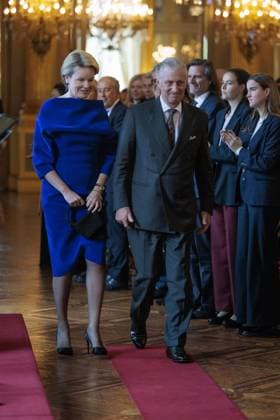 Queen Mathilde of Belgium and King Philippe - Filip of Belgium arrive for a royal reception for people who have been bestowed with the grace of nobility, on Tuesday 18 November 2025, at the Royal Palace in Brussels.  NICOLASxMAETERLINCK 142421332