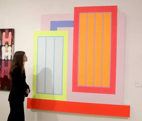 November 18, 2025, New York, New York, USA: A woman looks at Ã¢â‚¬Ëœ929Ã¢â‚¬â ¢ by artist Peter Halley, 2018, estimate $70,000 - $100,000, seen on display at the press preview for Marquee Week Fall 2025 Modern and Comtempory Art held at Phillips Auction House New York. New York USA - ZUMAk03_ 20251118_zaf_k03_104 Copyright: xNancyxKaszermanx