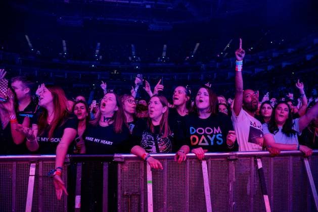 November 18, 2025, London, United Kingdom: Crowds of fans seen cheering and singing along watching the band Bastille live on stage. Bastille Performed at London O2 Arena UK as the last night of their From All Sides Songs from the First 15 years, UK Tour on 18th November 2025.Bastille are Dan Smith, Will Farquarson, Kyle Simmons and Chris Wood, The Band Bastille was also joined by guest touring musicians. London United Kingdom - ZUMAs197 20251118_aaa_s197_450 Copyright: xBonniexBritainx