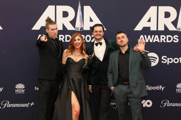 November 19, 2025: NED JANKOVIC, EMMY MACK, CRAIG WILKINSON and ALEX POWYS of REDHOOK attends the 2025 ARIA Awards at the Hordern Pavilion on November 19, 2025 in Sydney, NSW Australia - ZUMAa155 20251119_aaa_a155_106 Copyright: xChristopherxKhouryx