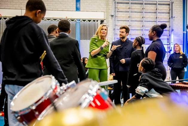 20-11-2025 Amsterdam Queen Maxima, as honorary chair of Meer Muziek in de Klas (More Music in the Classroom), visited the Mobiel school in Amsterdam. The school band performs during the annual Christmas Music Gala, which raises awareness of the importance of music and creative education. Â  Copyright: xPPEx