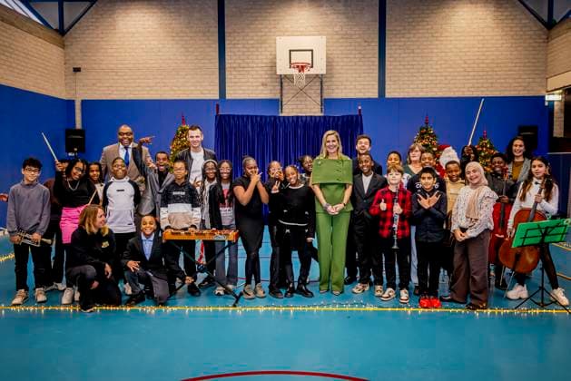 20-11-2025 Amsterdam Queen Maxima, as honorary chair of Meer Muziek in de Klas (More Music in the Classroom), visited the Mobiel school in Amsterdam. The school band performs during the annual Christmas Music Gala, which raises awareness of the importance of music and creative education. Â  Copyright: xPPEx