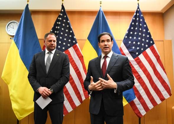(251124) -- GENEVA, Nov. 24, 2025 -- U.S. Secretary of State Marco Rubio (R) speaks during a press briefing at the United States Mission to the United Nations and Other International Organizations in Geneva, Switzerland, Nov. 23, 2025. Representatives from the United States, Ukraine and European countries met in Geneva, Switzerland, on Sunday to discuss ways aimed at ending the Russia-Ukraine conflict. According to media reports, U.S. Secretary of State Marco Rubio and U.S. Special Envoy to the Middle East Steve Witkoff attended the meeting. The Ukrainian delegation was led by Andriy Yermak, head of the Ukrainian Presidential Office. Also, national security advisers from France, Germany and the United Kingdom, as well as representati