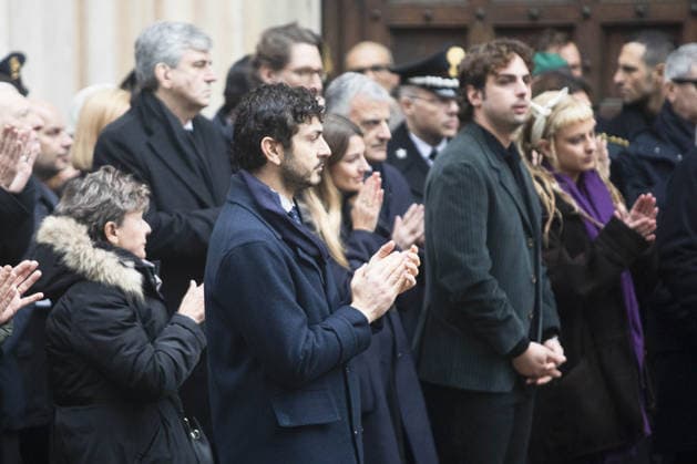 Milan, Funeral of Ornella Vanoni in the church of San Marco in the Brera district. In the photo: Councillor Tommaso Sacchi, his nephew Matteo, with family and friends.  Copyright: xFrancescoxEnriquezx xipa-agency.netx xPoolxEmanuelexDexCarlixexFrancesx IPA_Agency_IPA68336258
