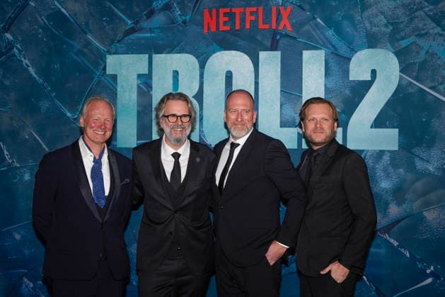 Premiere Trolls 2 Oslo 20251124. In the middle, screenwriter Espen Aukan and director Roar Uthaug arrive on the red carpet during the premiere of the blockbuster film Troll 2 at the Colosseum cinema on Monday evening. Photo: Thomas Fure NTB Oslo Norway mwl_vafBJtk EDITORIAL USE ONLY Ref:mwl_vafBJtk.jpg Copyright: xThomasxFurex xNTBx