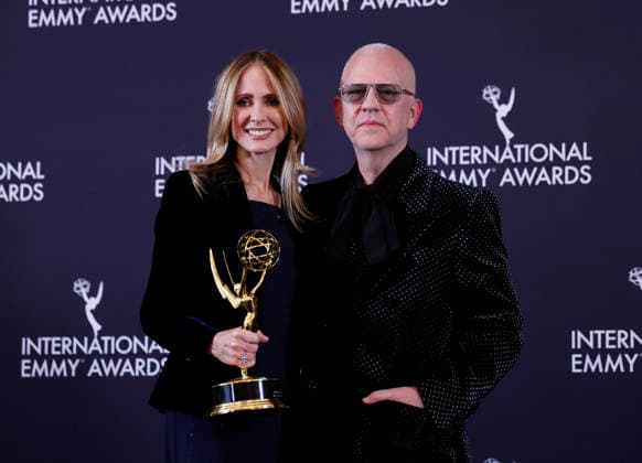 and writer-director Ryan Murphy and Recipient of The Founders Award co-chairman of Disney Entertainment Dana Walden arrive in the press room at the 53rd International Emmy Awards at New York Hilton Midtown in New York City on Monday, November 24, 2025.  NYP20251124253 JohnxAngelillo