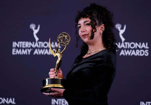Lebanese-British producer director Vanessa Bowles arrives in the press room with the Current Affairs award for Dispatches: Kill Zone: Inside Gaza at the 53rd International Emmy Awards at New York Hilton Midtown in New York City on Monday, November 24, 2025.  NYP20251124270 JohnxAngelillo