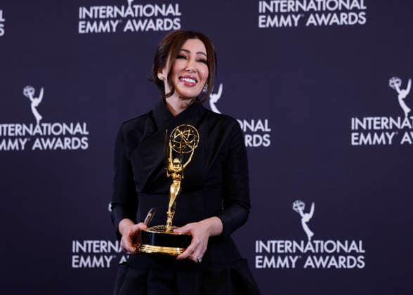 Algerian journalist Fairouz Ziani and Palestinian journalist Asef Hamidi arrive in the press room with the News award for Gaza at the 53rd International Emmy Awards at New York Hilton Midtown in New York City on Monday, November 24, 2025.  NYP20251124260 JohnxAngelillo