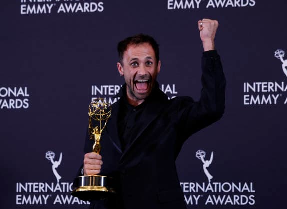Spanish actor Oriol Pla arrives in the press room with the Best Performance by an Actor award for I, Addict in the press room at the 53rd International Emmy Awards at New York Hilton Midtown in New York City on Monday, November 24, 2025.  NYP20251124269 JohnxAngelillo