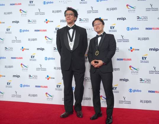 53rd International Emmy Awards NEW YORK, US - NOV 24: Japanese executive producer Kenichi Matsumiya (L) and Japanese director Kensho Omori pose during the 53rd International Emmy Awards Gala on Monday night, November 24, 2025, in New York City. Selcuk Acar Anadolu New York United States. Editorial use only. Please get in touch for any other usage.  Copyright: x2025xAnadoluxSelcukxAcarx