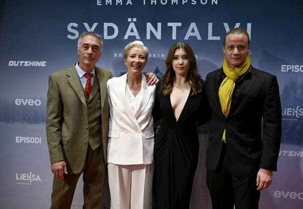 Actress Emma Thompson (2nd L) and her daughter, actress Gaia Wise pose with Thompson s husband Greg Wise and Gaia Wise s boyfriend Basil Eidenbenz (R) on the red carpet of the movie Dead of Winter in Helsinki, Finland, on November 27, 2025. Thompson and Wise star the action thriller Dead of Winter which was filmed in the Koli region in North Karelia, Finland. Helsinki Finland  Copyright: xJussixNukarix LKFTVX20251127180446CLPB