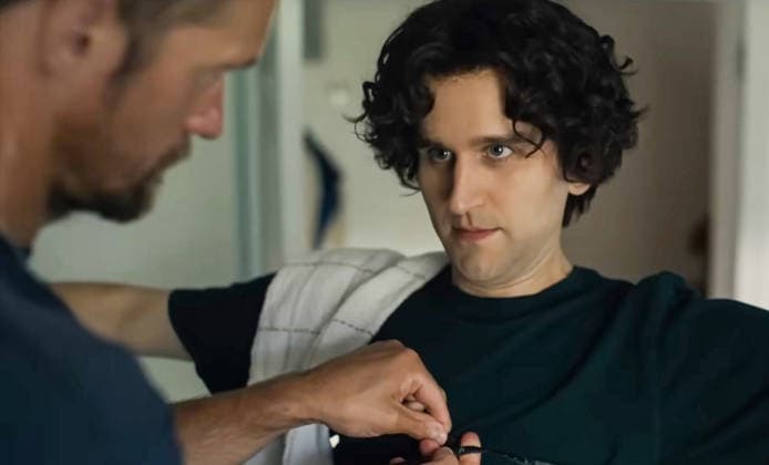 Harry Melling and Alexander Skarsgard Harry Melling and Alexander Skarsgard in a scene from (C)A24 new movie: Pillion (2025). Plot: A directionless man is swept off his feet when an enigmatic, impossibly handsome biker takes him on as his submissive. LMK110-J11446-271125 Supplied by LMKMEDIA. Editorial Only. Landmark Media is not the copyright owner of these Film or TV stills but provides a service only for recognised Media outlets.
