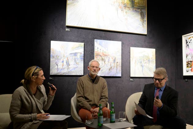 Kerdalo (französischer Künstler Laurent Parcelier, geb. 1962 in Chamalieres) beim Artistalk in der Galerie Cavatina Art Concept (links die Übersetzerin, rechts Galerist Dr. Ingo Seufert), München am 27.11.2025