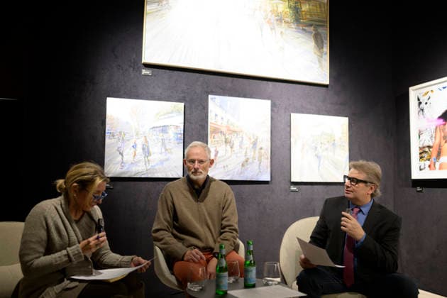Kerdalo (französischer Künstler Laurent Parcelier, geb. 1962 in Chamalieres) beim Artistalk in der Galerie Cavatina Art Concept (links die Übersetzerin, rechts Galerist Dr. Ingo Seufert), München am 27.11.2025