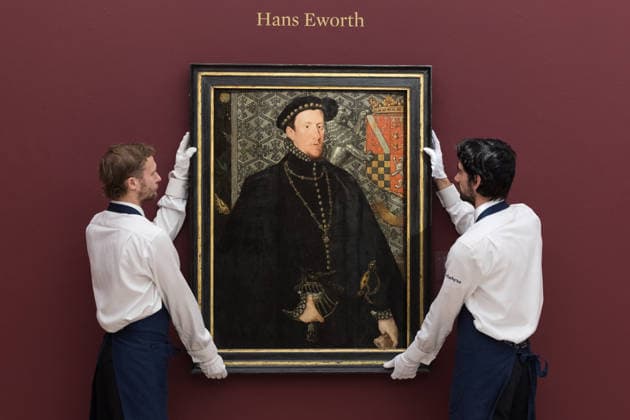 November 28, 2025, London, England, United Kingdom: Art handlers hold a painting titled Portrait of Thomas Howard, 4th Duke of Norfolk (1538â€1578) by Hans Eworth, estimate: 2,000,000 - 3,000,000 GBP during a photocall at Sotheby s auction house ahead of Old Master & 19th Century Paintings Sales. London United Kingdom - ZUMAs371 20251128_zip_s371_017 Copyright: xWiktorxSzymanowiczx