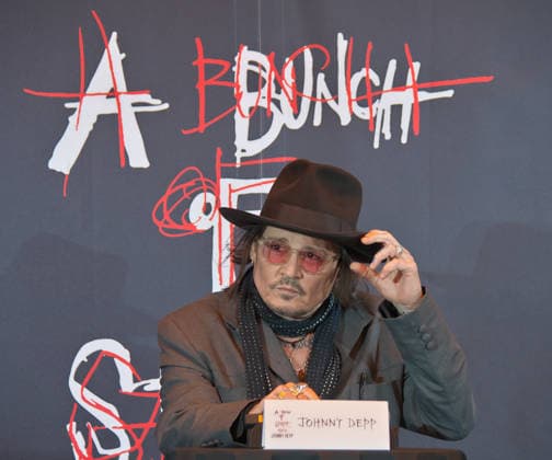 Actor Johnny Depp attends a press conference for his art exhibition A Bunch of Stuff -Tokyo at NEWoMan Takanawa in Tokyo, Japan on November 27, 2025.  aflo_312108076