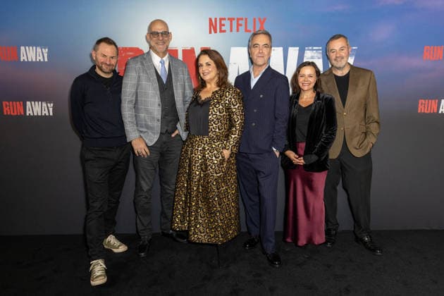 Harlan Coben’s Run Away launch event in London, UK - 01 Dec 2025 (L-R), Danny Brocklehurst, Harlan Coben, Ruth Jones, James Nesbitt, Nicola Shindler and Richard Fee attend Harlan Coben’s Run Away launch event, at the BFI Southbank in London. London United Kingdom Copyright: xPhilxLewisx xSOPAxImagesx DanHarRutJamNicRic_RunAway-5218