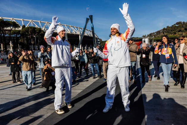 December 6, 2025, Rome, Italia, Italy: 06 12 2025 Rome, The Olympic Torch leaves Rome for the Milan Cortina 2026 Winter Olympics. Pictured are Gianmarco Tamberi and Achille Pollonara. Rome Italy  - ZUMAa289 20251206_zia_a289_012 Copyright: xFrancescoxFotiax