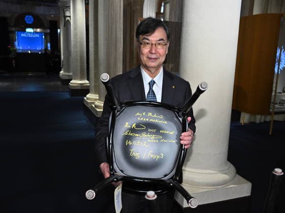 Shimon Sakaguchi, laureate in medicine, signs the Nobel chairs at the Nobel Museum in Stockholm, Sweden, December 6, 2025 STOCKHOLM SWEDEN x10090x  Copyright: xClaudioxBresciani TTx NOBEL CHAIRS ARE SIGNED BY THE PRIZE WINNERS xWKOzms31GI
