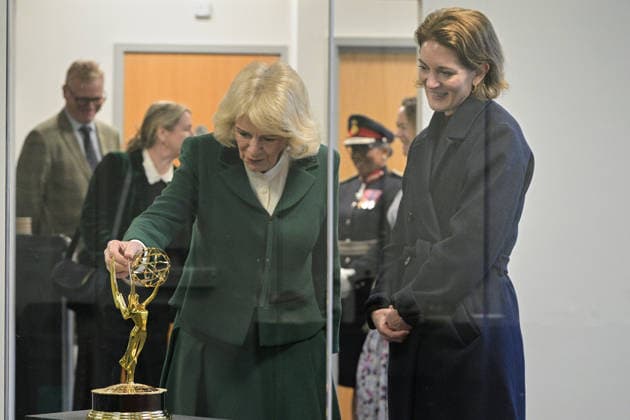 Queen Camilla visits the set of the TV Show Rivals Queen Camilla visits the set of the TV Show Rivals in Bristol, UK, on the 8th December 2025. Picture by Anthony Upton WPA-Pool Bristol Bristol United Kingdom  WHA-0806