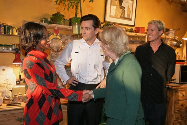 Queen Camilla visits the set of the TV Show Rivals Queen Camilla chats with Nafessa Williams and David Tennant, as she visits the set of the TV Show Rivals in Bristol, UK, on the 8th December 2025. Picture by Anthony Upton WPA-Pool Bristol Bristol United Kingdom  WHA-0806