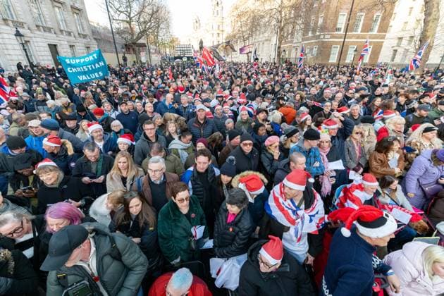 December 13, 2025, London, United Kingdom: A large crowd is gathered by the stage. Christian worshippers gathered in Whitehall, for a public faith rally organised by Unite The Kingdom and co-organised by activist Tommy Robinson, calling to put Christ back into Christmas. The event featured Bible readings, prayers, live worship music, and personal testimonies, with organisers presenting the gathering as a peaceful celebration of Christian belief and unity rather than a political demonstration. London United Kingdom - ZUMAs197 20251213_aaa_s197_408 Copyright: xAndreaxDomeniconix