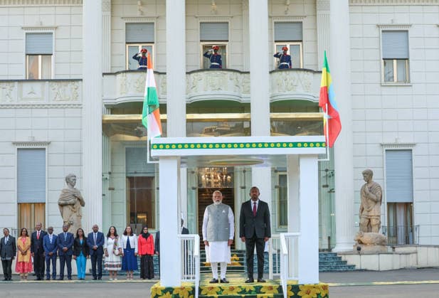 PM Modi receives a ceremonial welcome at the Ethiopian National Palace Addis Ababa Ethiopia , Dec 16 (ANI): Prime Minister Narendra Modi, along with Ethiopian Prime Minister Abiy Ahmed Ali, receives a ceremonial welcome at the Ethiopian National Palace, in Addis Ababa on Tuesday. (DPR PMO ANI Photo) Addis Ababa Ethiopia Copyright: xANIx ANI_20251216481