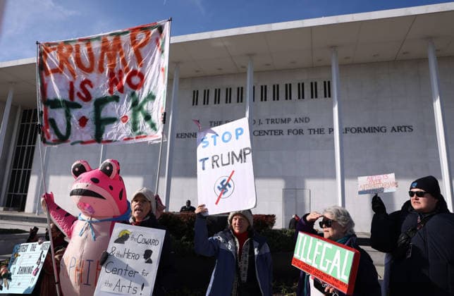 Protest against the name of Donald J. Trump to the Kennedy Center In Washington DC, USA. Demonstrators hold signs as they protest in front of the John F. Kennedy Memorial Center for the Performing Arts building, in Washington, D.C., USA, on December 20, 2025. Activists opposed adding the name Donald J. Trump to the Kennedy Center for the Performing Arts. Washington DC USA  Copyright: xMatrixxImagesx xGentxShkullakux