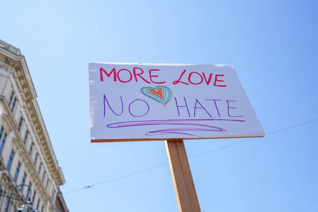 Archiv: Vienna Pride 2025, Wien, Pride-Demonstration, Protestplakat, handgemaltes Plakat, politische Botschaft, LGBTQIA+, Gleichberechtigung, Akzeptanz, Toleranz, Vielfalt, Liebe statt Hass, Antidiskriminierung, Solidarität, Menschenrechte, ziviler Protest, Aktivismus, queere Community, Pride-Symbole, Herzsymbol, Regenbogenfarben, friedlicher Protest, öffentliche Meinungsäußerung, Innenstadt, urbaner Raum, Tageslicht, blauer Himmel, Demonstrationsschild auf Holzstab, klare Botschaft, gesellschaftlicher Zusammenhalt, Plakattext: MORE LOVE NO HATE, englischer Slogan, Anti-Hass-Botschaft Copyright: xLukaxKolanovicx