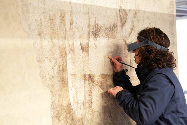 Milan, Sforza Castle presentation of Milan and Leonardo, the itineraries dedicated to Leonardo Da Vinci from the Sforza Castle on the occasion of the Milan Cortina 2026 Winter Olympics and Paralympics, in the photo the restorer Martina Serafin at work in the Sala delle Asse  Copyright: xDuilioxPiaggesix xipa-agency.netx xDuilioxPiaggesix IPA_Agency_IPA70322825