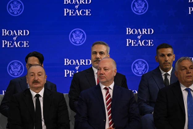 US President Donald Trump attends Board of Peace DAVOS, SWITZERLAND - JANUARY 22: Turkish Foreign Minister Hakan Fidan attends the Board of Peace session held as part of the 56th World Economic Forum (WEF) in Davos, Switzerland on January 22, 2026. Harun Ozalp Anadolu Davos Switzerland. Editorial use only. Please get in touch for any other usage.  Copyright: x2026xAnadoluxHarunxOzalpx