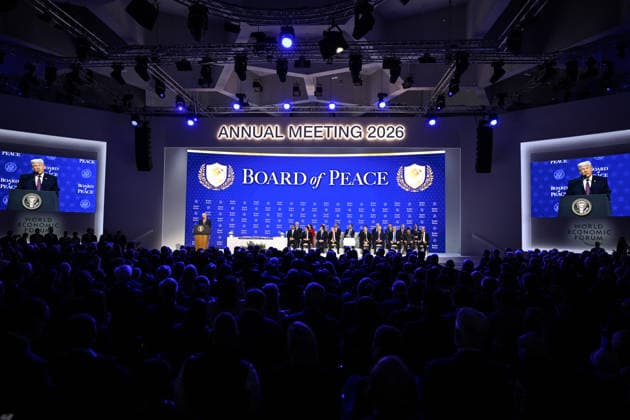 US President Donald Trump attends Board of Peace DAVOS, SWITZERLAND - JANUARY 22: US President Donald Trump delivers a speech during the Board of Peace session held as part of the 56th World Economic Forum (WEF) in Davos, Switzerland on January 22, 2026. Turkish Foreign Minister Hakan Fidan also attended the session. Harun Ozalp Anadolu Davos Switzerland. Editorial use only. Please get in touch for any other usage.  Copyright: x2026xAnadoluxHarunxOzalpx