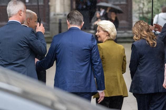 Belgian Prime Minister Bart De Wever and EU President Ursula von der Leyen arrive for the European Industry Summit, in Brussels, Wednesday 11 February 2026.  JONASxROOSENS 162617127