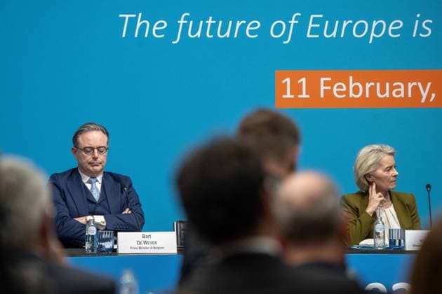 Belgian Prime Minister Bart De Wever and EU President Ursula von der Leyen are pictured during the European Industry Summit, in Brussels, Wednesday 11 February 2026.  JONASxROOSENS 162646388
