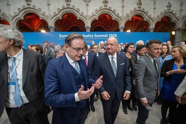 Belgian Prime Minister Bart De Wever and Austrian Chancellor Christian Stocker are pictured at the European Industry Summit, in Brussels, Wednesday 11 February 2026.  JONASxROOSENS 162685402