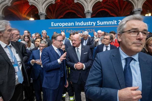 Belgian Prime Minister Bart De Wever and Austrian Chancellor Christian Stocker are pictured at the European Industry Summit, in Brussels, Wednesday 11 February 2026.  JONASxROOSENS 162685456