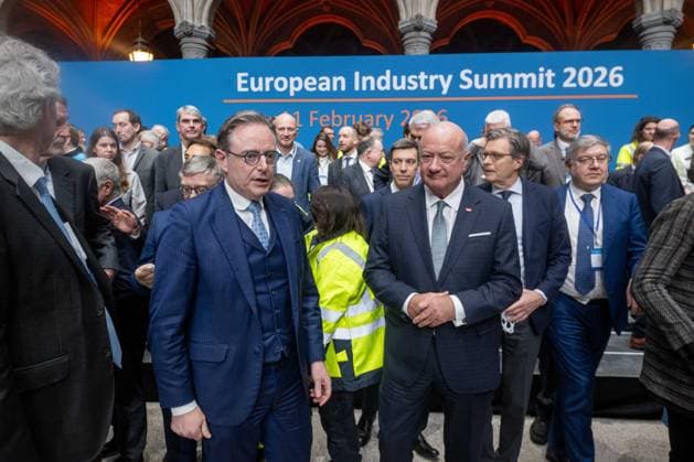 Belgian Prime Minister Bart De Wever and Austrian Chancellor Christian Stocker are pictured at the European Industry Summit, in Brussels, Wednesday 11 February 2026.  JONASxROOSENS 162685460