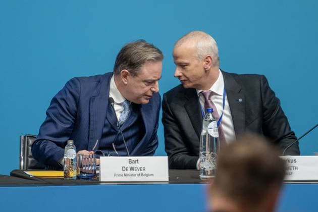Belgian Prime Minister Bart De Wever and CEO of BASF SE, Dr. Markus Kamieth are pictured during the European Industry Summit, in Brussels, Wednesday 11 February 2026.  JONASxROOSENS 162685738