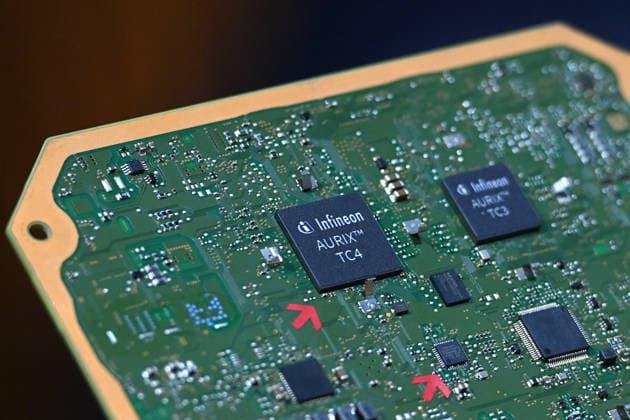 Randmotiv: Platine,elektronisches Bauteil mit Infineon Aurix Microcontroller fuer die Autoindustrie. Hauptversammlung INFINEON Technologies AG am 19.02.2026 im ICM in Muenchen.