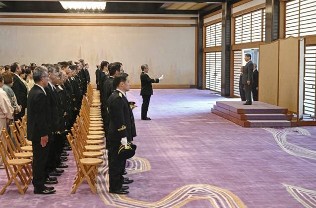 Japan Emperor Naruhito Japanese Emperor Naruhito (R) attends a ceremony for people commended by the justice minister and the Japanese Correctional Association for their years of service, at the Imperial Palace in Tokyo on March 4, 2026. (Pool photo)  A14AA0005350901P