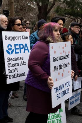 March 7, 2026, New York, New York, USA: Scientists, health professionals, students and community advocates attend the Stand Up For Science Rally to Take Back Science at City Hall Park in Lower Manhattan demanding scientific integrity, strong public health protections, and democratic accountability. People hold signs that read Got Measles? Me Neither! THANK YOU SCIENCE! Support the EPA Because Clean Air Isn t Political. Protesters denounce the Trump administration s massive cuts to government research funding and grants, the downsizing of federal science agency staff, the overhaul of the nationâ€⠢s public health policies under U.S. Secretary of Health and Human Services R. F. Kennedy, Jr. and the roll back of regulations designed to - ZUMAr174 20260307_znp_r174_014 Copyright: xGinaxMxRandazzox